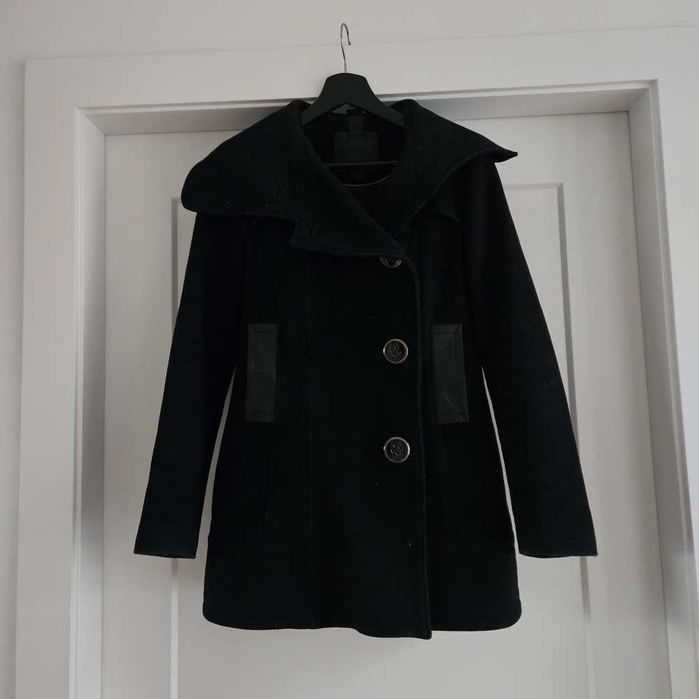 Mackage Black Pea Coat for Women Wool And Cashmere Blend With Leather Trim